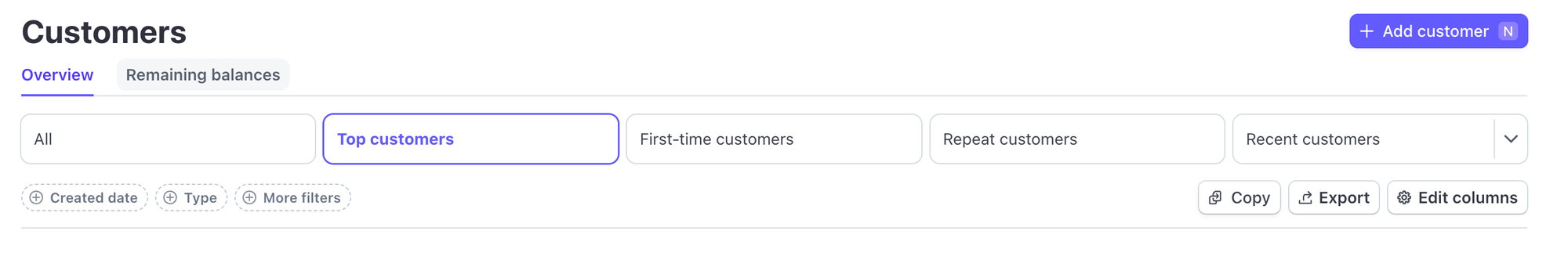 Screenshot of the Customer List Page in the Stripe Dashboard which has filters like Top Customers or First-time customers
